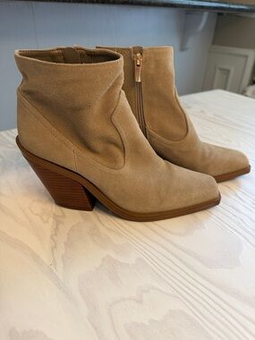 Vince Camuto Women's Beige Suede Ankle Booties with Stacked Heel